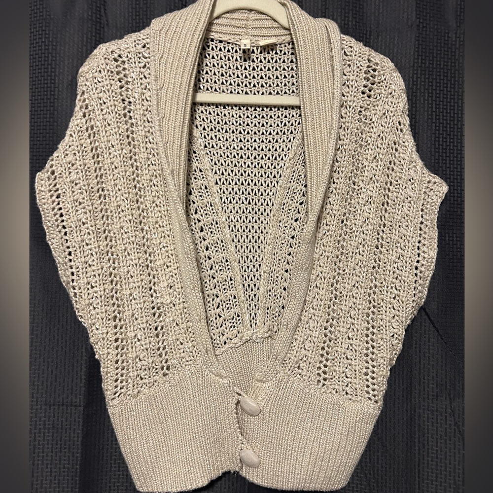 Anthropologie MOTH Line Women’s Open Weave Shrug Sweater Size Small Tan/Cream - Picture 2 of 6
